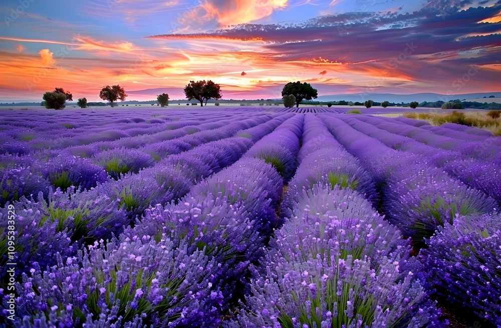 Obraz premium Breathtaking lavender field at sunset. Purple flowers stretch as far as the eye can see, creating a calming and colorful landscape.