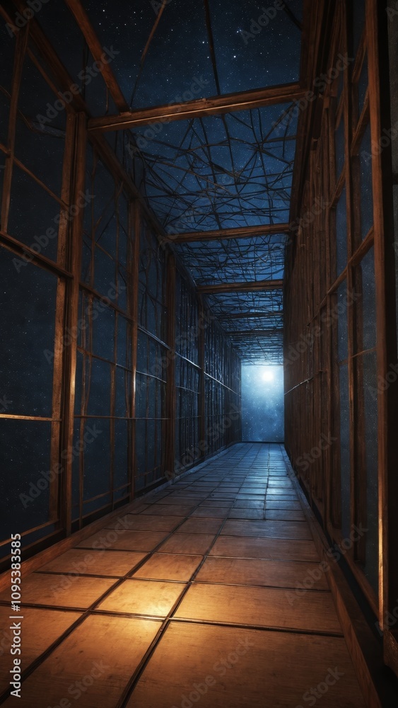 Exploring the intricate maze of shadows and light in an industrial art installation at dusk Exploring the intricate maze of shadows and light in an industrial art installation at dusk