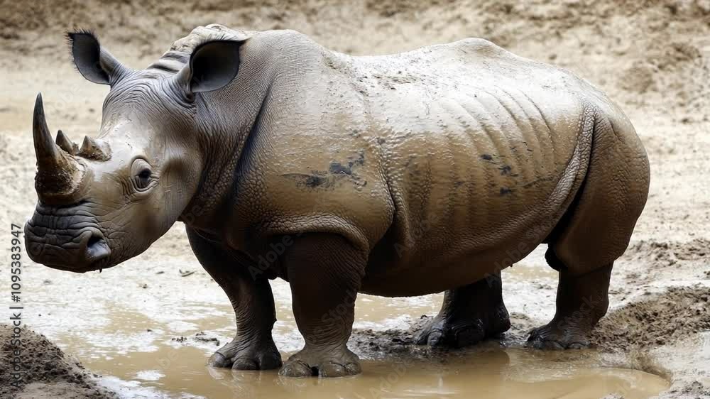 Rhinoceros standing in a muddy waterhole at a wildlife sanctuary in the afternoon sunlight Rhinoceros standing in a muddy waterhole at a wildlife sanctuary in the afternoon sunlight