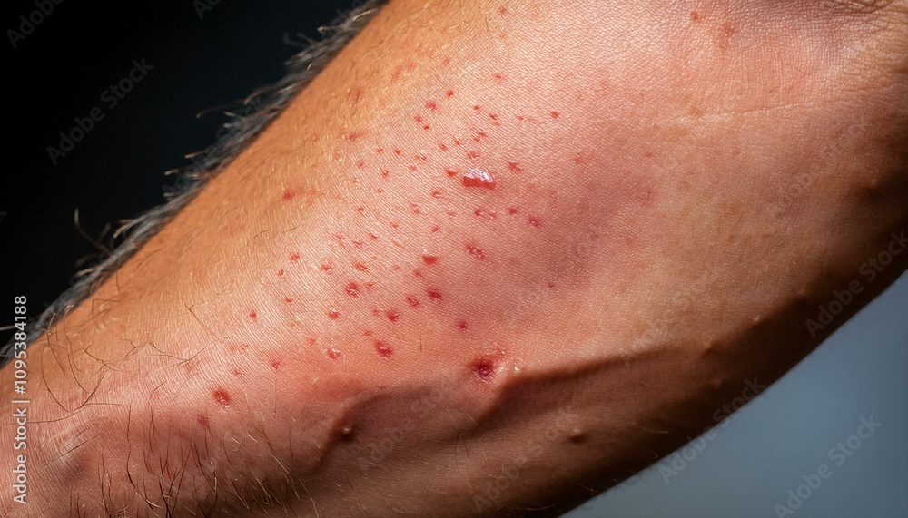 Fototapeta premium A close-up of a faint, rose-colored rash on an arm or abdomen, symbolizing health observation and dermatological conditions