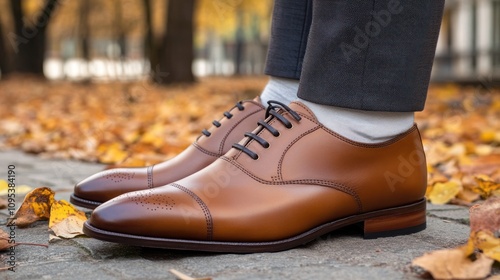 Brown Leather Oxford Shoes Autumn Leaves Background photo