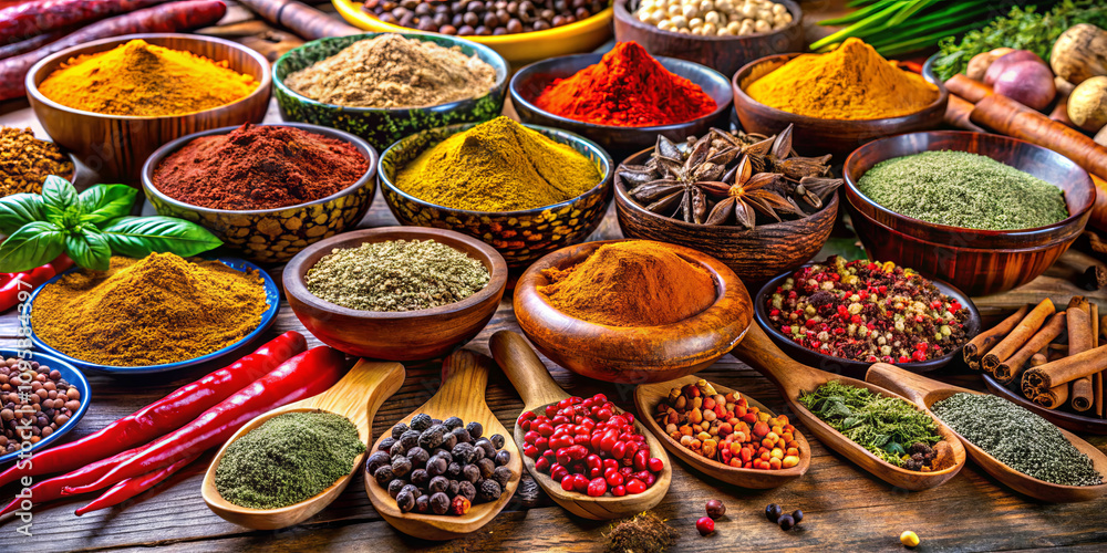 Fototapeta premium An array of spices and herbs is artfully arranged on a wooden table, showcasing vibrant colors and textures that enhance culinary creations. The scene reflects a rich variety of flavors