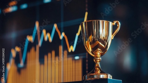 A golden trophy with a sales chart soaring upwards, success, achievement, award, sales performance