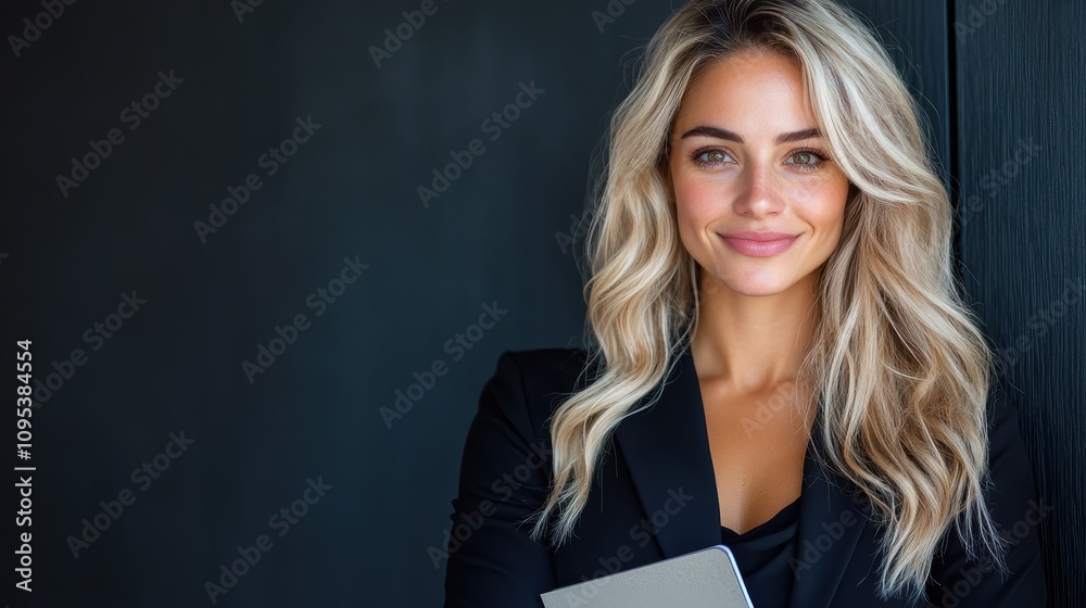 A stylish woman stands confidently against a dark backdrop in a fitted black suit, holding a notebook and exuding professionalism and intelligence in a modern setting. A stylish woman stands confidently against a dark backdrop in a fitted black suit, holding a notebook and exuding professionalism and intelligence in a modern setting.