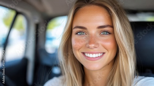 A woman with a warm smile sitting inside a car, enveloped in soft sunlight, creating a serene and content ambiance, emphasizing happiness and peace within her space.