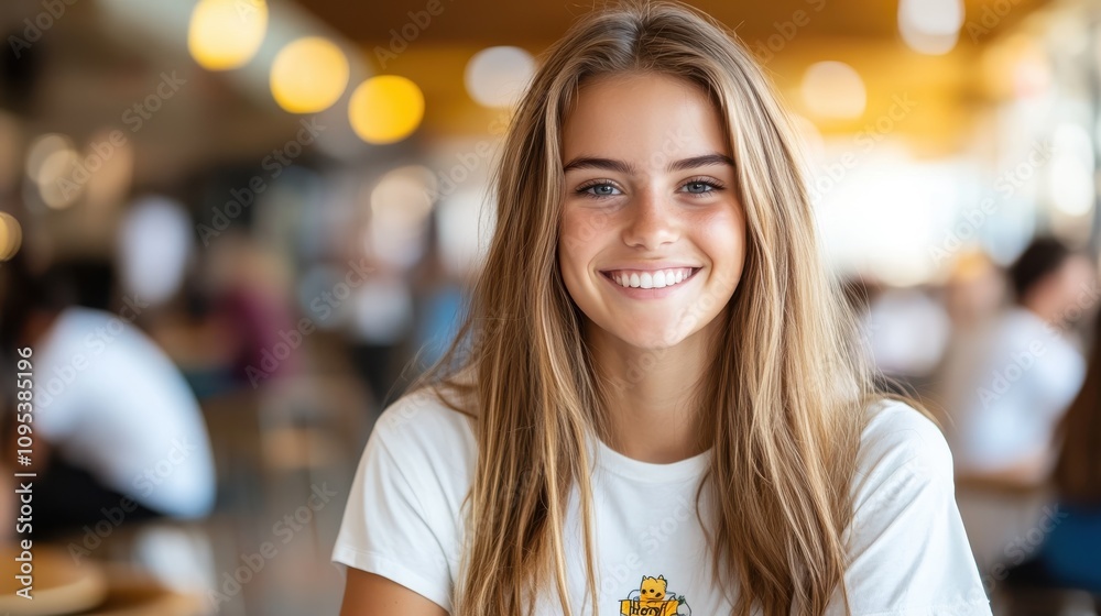 A young woman in casual attire smiles brightly, sitting in a cafe setting, reflecting joy and a warm, inviting social atmosphere with a modern touch. A young woman in casual attire smiles brightly, sitting in a cafe setting, reflecting joy and a warm, inviting social atmosphere with a modern touch.