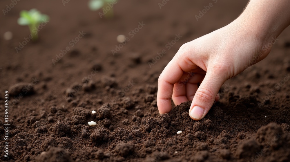 Farmer's Hand Planting Seeds in Dark Soil Farmer's Hand Planting Seeds in Dark Soil