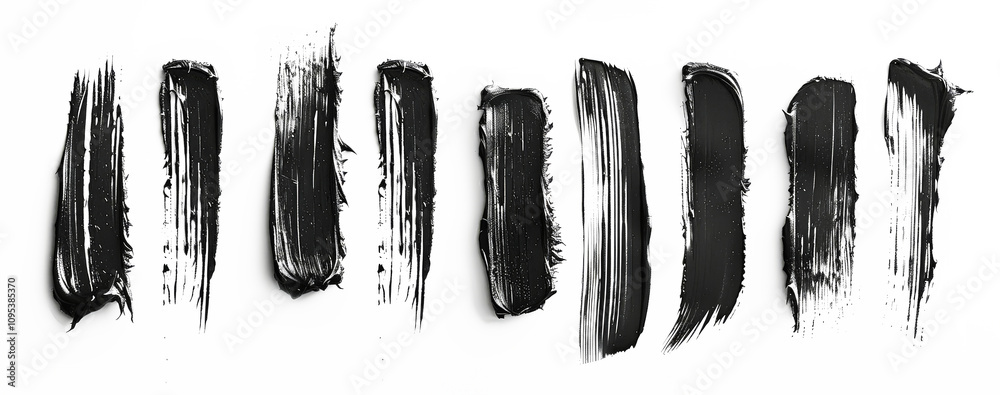 Color Mascara brush stroke swatch set isolated on white background. Smears of make-up cosmetic eyelash mascara, top view.