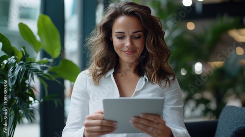 A woman in an office setting smiles while using a tablet, surrounded by greenery and modern decor, conveying focus and satisfaction with her work environment.