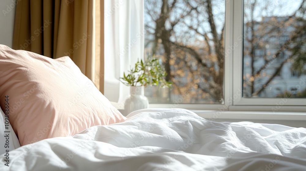A comforting bedroom scene with a soft pink pillow beside a large window, framing an outdoor view with leafy trees, inviting a peaceful moment of contemplation. A comforting bedroom scene with a soft pink pillow beside a large window, framing an outdoor view with leafy trees, inviting a peaceful moment of contemplation.