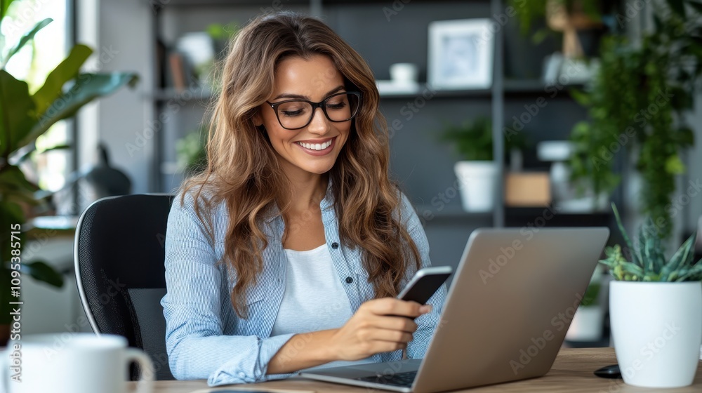 A woman wearing glasses smiles at her phone while seated at a laptop, surrounded by plants in an office environment, symbolizing connection and balance. A woman wearing glasses smiles at her phone while seated at a laptop, surrounded by plants in an office environment, symbolizing connection and balance.
