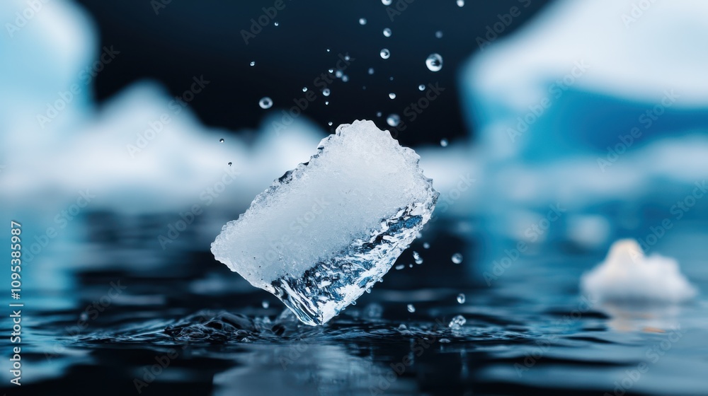 A small ice cube floats mid-air, surrounded by droplets, in a scene highlighting the interplay between solid and liquid states in a frozen environment. A small ice cube floats mid-air, surrounded by droplets, in a scene highlighting the interplay between solid and liquid states in a frozen environment.