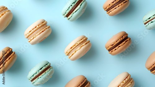 A pattern of pastel colored macarons with chocolate filling on a light blue background.