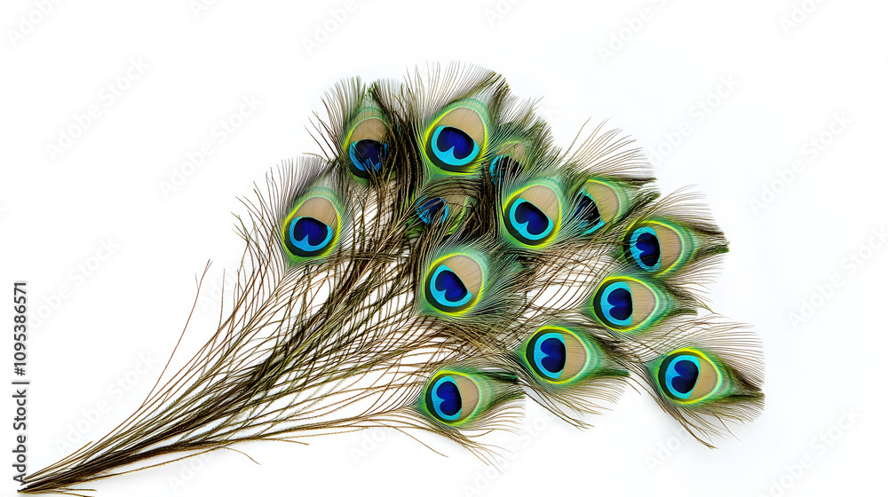 Fototapeta premium Bunch of peacock feathers for decoration isolated on white