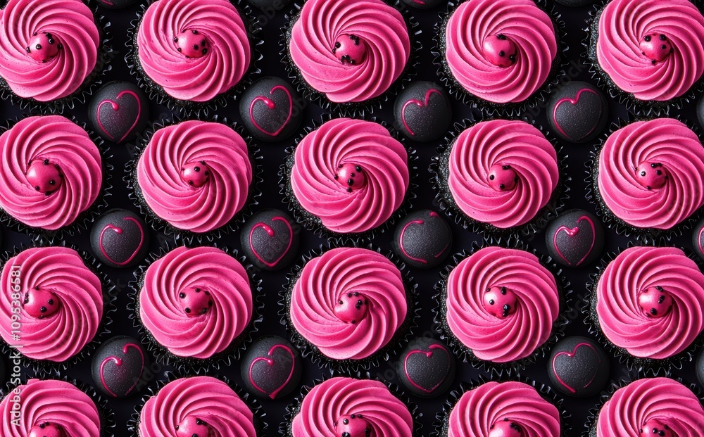 美しいピンクのカップケーキと黒いハート型トリュフが並ぶ華やかなデザートテーブル