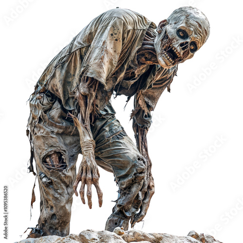 Creepy zombie with decayed clothing isolated on transparent background, horror character for Halloween  
