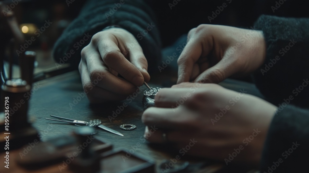 A Jeweler Carefully Setting Stones in a Silver Ring A Jeweler Carefully Setting Stones in a Silver Ring