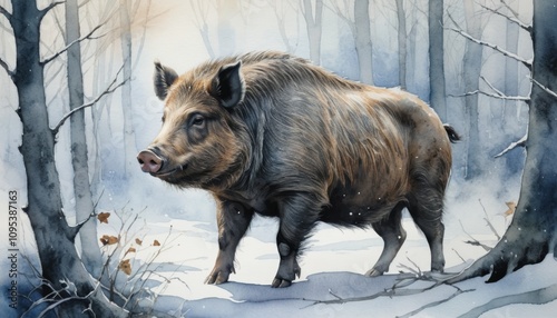 Watercolor illustration of a wild boar in a snowy forest during winter's calm hours