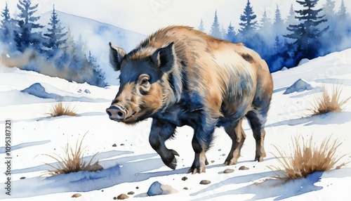 Wild boar traverses a snowy landscape surrounded by evergreen trees under a clear winter sky