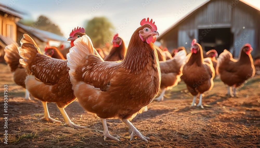 Fototapeta premium A group of chickens roaming in a farmyard, emphasizing the natural reservoir of Campylobacter