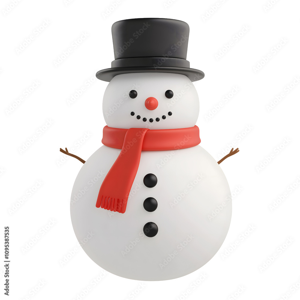 A cheerful snowman wearing a black hat and red scarf, isolated on transparent background. A cheerful snowman wearing a black hat and red scarf, isolated on transparent background.