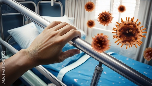 A hand touching a hospital bed rail with visible bacteria digitally added to represent contamination