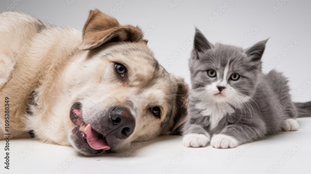 Dog and a cat are laying on a white surface Dog and a cat are laying on a white surface