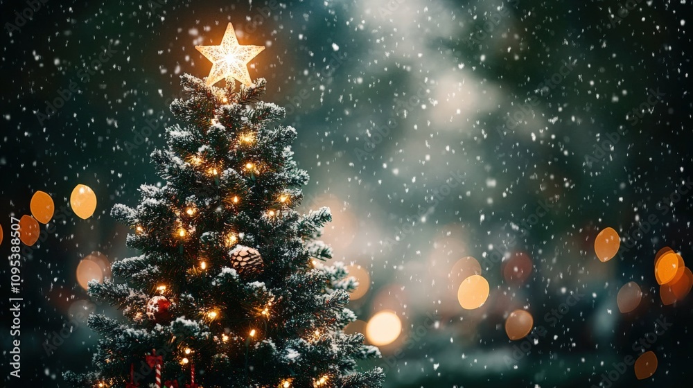 Enchanting Snowy Christmas Tree with Star and Twinkling Lights Enchanting Snowy Christmas Tree with Star and Twinkling Lights