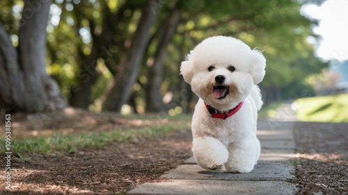 Joyful Paws in the Park: Capture the essence of a fluffy, white Bichon Frise, frolicking with unbridled joy along a stone path within a lush green park, radiating happiness and companionship.