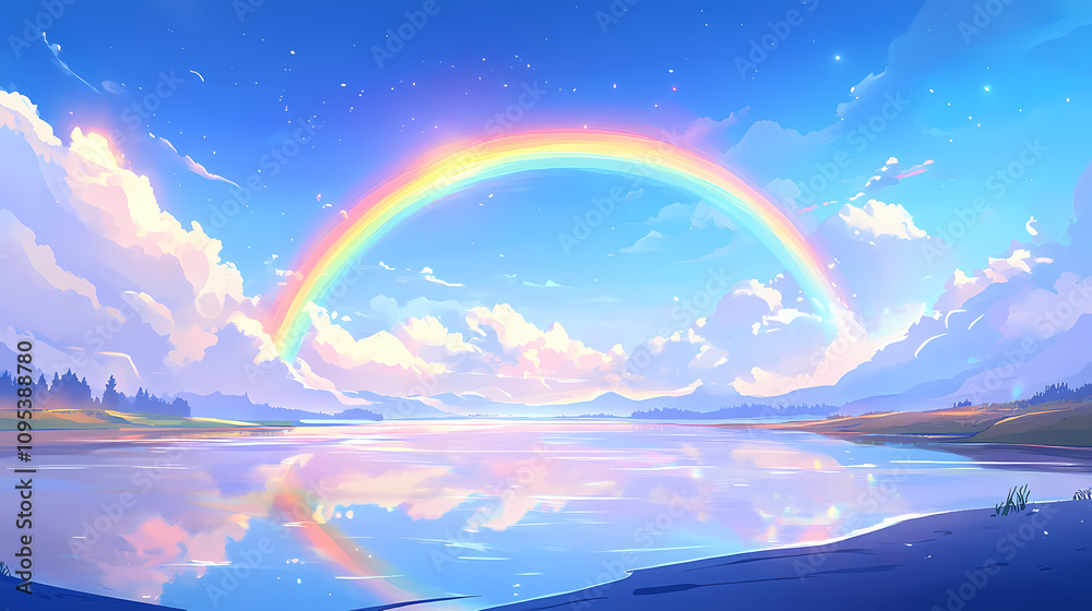 A vibrant rainbow reflected in a calm river, arching across the sky with light clouds scattered in the blue background. Illuminated Rainbow Arch. Illustration A vibrant rainbow reflected in a calm river, arching across the sky with light clouds scattered in the blue background. Illuminated Rainbow Arch. Illustration