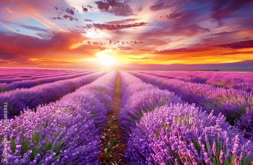 Obraz premium Breathtaking lavender field at sunset, vibrant purple hues under a colorful sky.