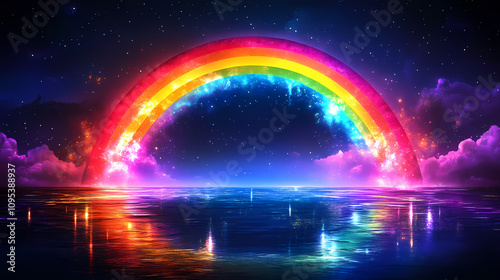 A vibrant neon rainbow arching over a reflective surface, illuminating a dark space with colorful lights and captivating energy. Illuminated Rainbow Arch. Illustration