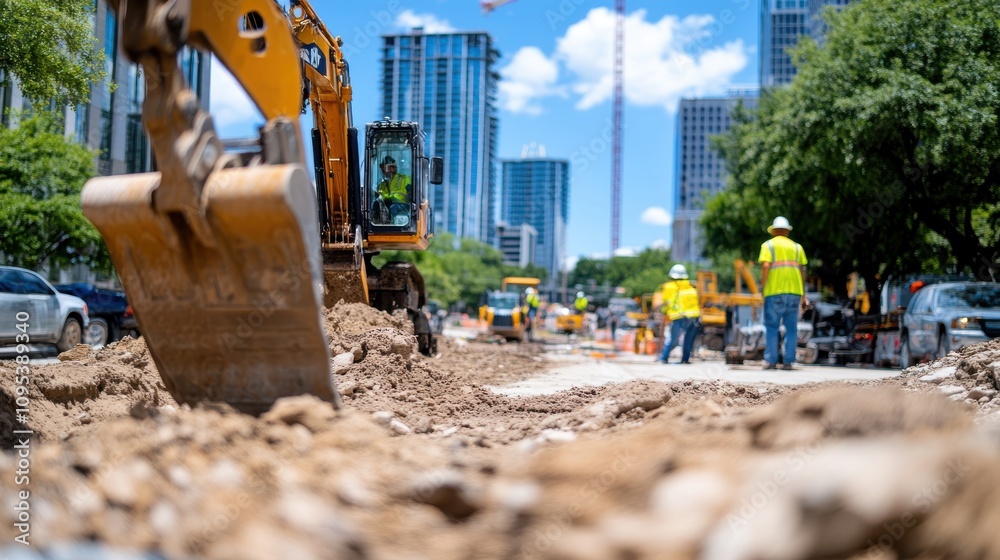 Fototapeta premium An excavator maneuvers through dirt on a city construction site, workers in reflective vests amass under the gleaming skyscrapers of an urban waterfront setting.