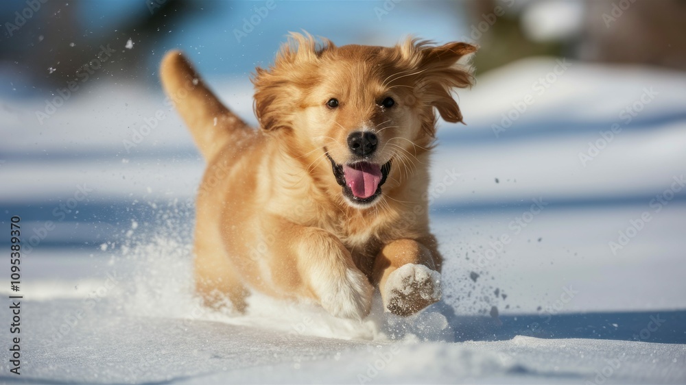 Golden Retriever Joy in the Snow: A golden retriever dog leaps through a snowy landscape, its tail wagging and tongue lolling in a picture of pure canine joy and excitement. Golden Retriever Joy in the Snow: A golden retriever dog leaps through a snowy landscape, its tail wagging and tongue lolling in a picture of pure canine joy and excitement.