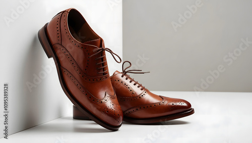 Brown leather shoes for men on display photo