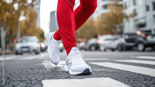 A person strides across a city crosswalk in striking red leggings, highlighted by their stylish white sneakers, blending fashion with urban movement. photo