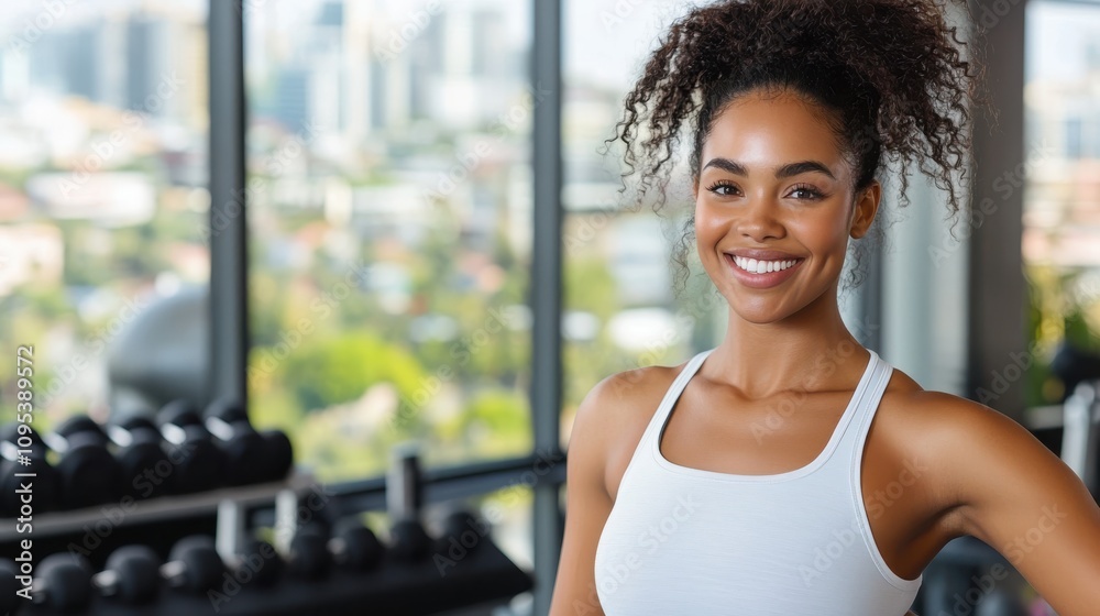 A cheerful woman wearing a white top smiles while standing in a modern gym with large windows, overlooking a vibrant city skyline in the background. A cheerful woman wearing a white top smiles while standing in a modern gym with large windows, overlooking a vibrant city skyline in the background.