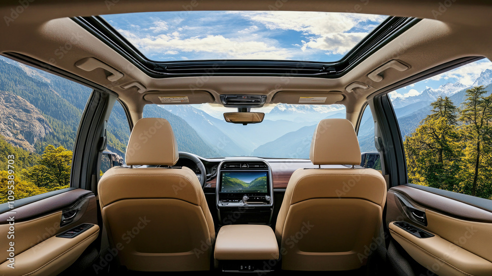 Luxurious car interior with panoramic windows showcasing stunning mountain views and daylight Luxurious car interior with panoramic windows showcasing stunning mountain views and daylight