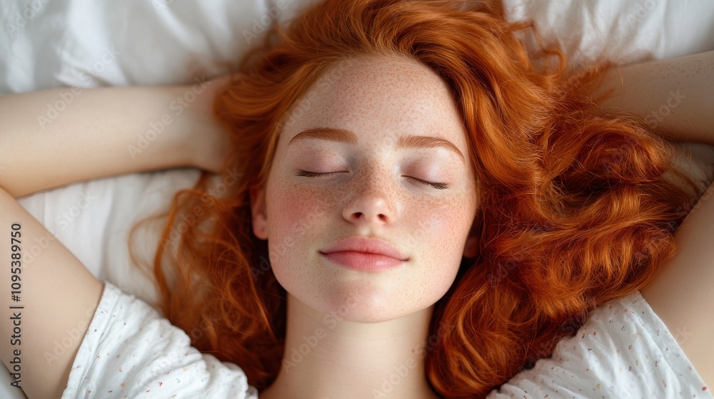 A red-haired woman relaxes with eyes closed, her head resting on soft white pillows, embodying peace and serenity in a sunlit, tranquil setting. A red-haired woman relaxes with eyes closed, her head resting on soft white pillows, embodying peace and serenity in a sunlit, tranquil setting.