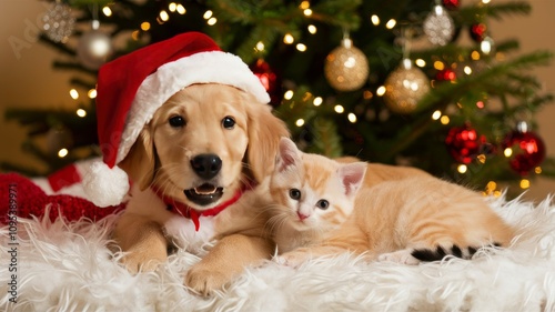 Festive Friends: A golden retriever puppy in a Santa hat and a ginger kitten are nestled together, creating a heartwarming scene of holiday cheer with a decorated Christmas tree in the backdrop. photo