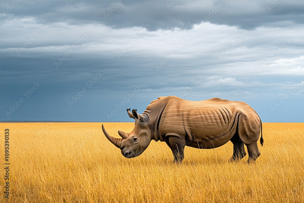 Fototapeta premium A white rhinoceros stands in a grassy field, with a dramatic cloudy sky in the background.