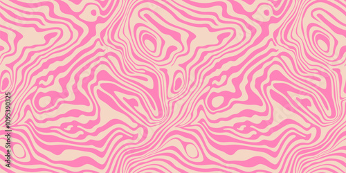Vector seamless pattern with fluid organic shapes, liquid lines. Abstract hot pink marble ink texture. Funky groovy geo background with waves, melting surface. Trending design in modern retro style