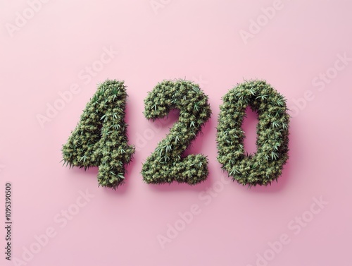 420 Typography Created from Lush Green Cannabis Buds on a Soft Pink Minimalist Background