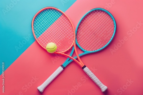 Tennis rackets and ball lying crossed on a vivid pink and blue background, representing the sport, competition, and active lifestyle