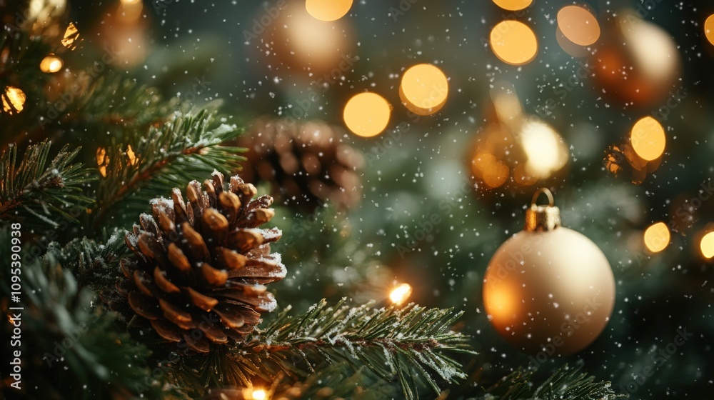 Cozy Christmas Scene with Snowy Pine Cones and Golden Ornaments Cozy Christmas Scene with Snowy Pine Cones and Golden Ornaments
