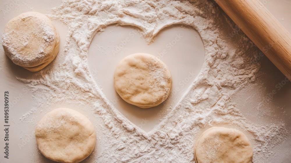 Four doughnuts are in a heart shape on a white surface Four doughnuts are in a heart shape on a white surface