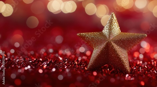 Sparkling Golden Star Ornament Against a Festive Red Background