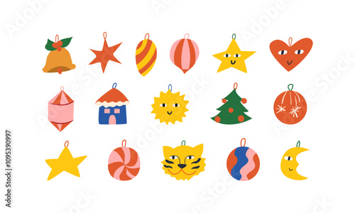 Set of various holiday elements and xmas decorations and ornaments. Vector flat geometric illustration in retro naive style. Abstract geometric christmas tree, balls, stars, moon and etc.