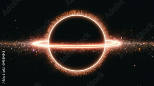 Cosmic Enigma: A luminous, fiery ring encircles a black hole, a portal to the unknown, set against a starlit expanse.  photo