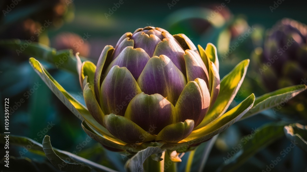 Artichoke in the Golden Hour: A close-up shot of a vibrant artichoke, bathed in the warm glow of the setting sun, showcasing its intricate details and natural beauty.